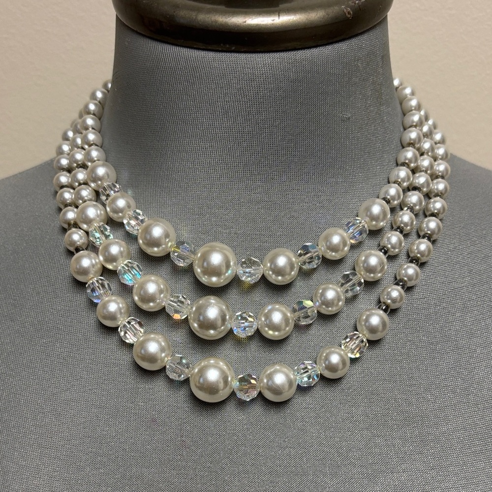 Vintage Triple Strand Faux Pearl and Aurora Borealis Crystal Choker